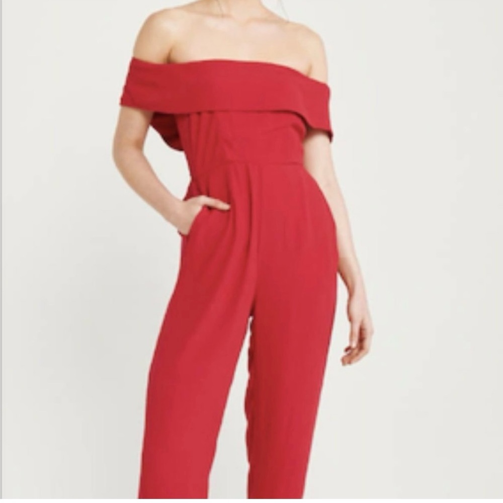 Abercrombie and Fitch Red Off-Shoulder Jumpsuit